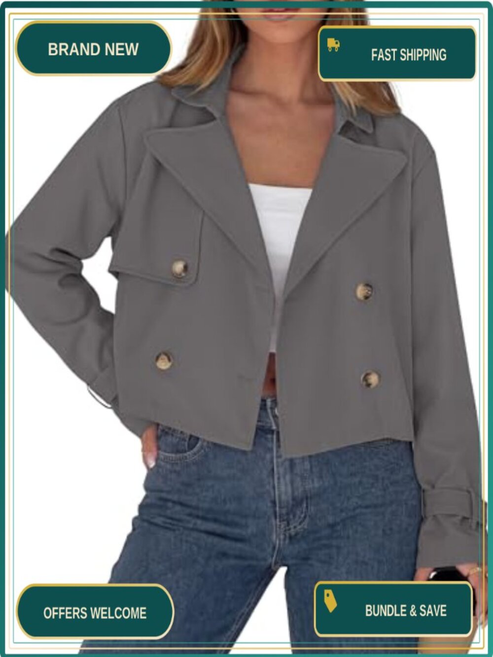Cropped Trench Coat Double Breasted Short Jacket Loose Fit